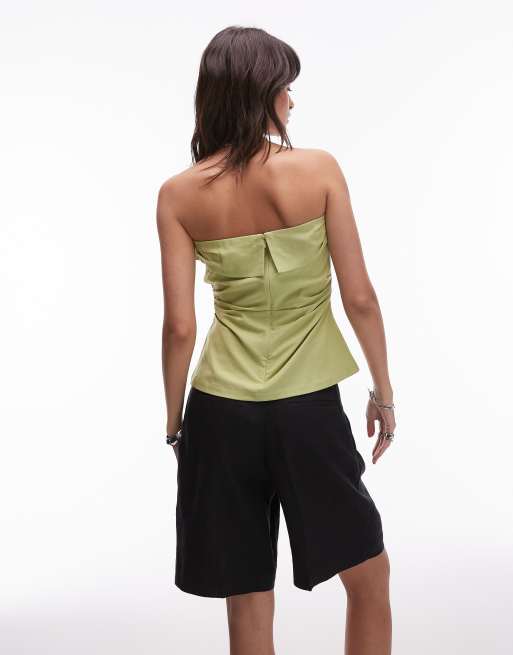 Topshop linen fold over bandeau top in pistachio green, 3 of 4
