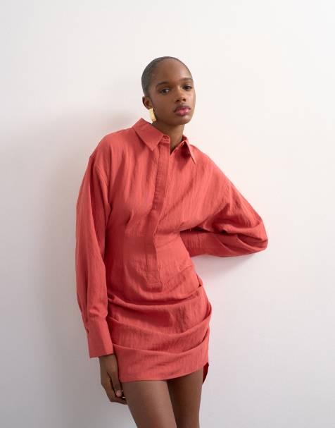 Topshop linen gathered skirt mini shirt dress in rust - view 1