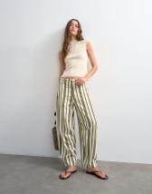 Topshop linen green stripe clean tie waist barrel trouser in green