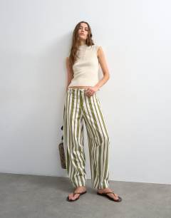 Linen green stripe clean tie waist barrel trouser in green