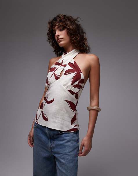 Topshop linen halter top in leaf print - view 1