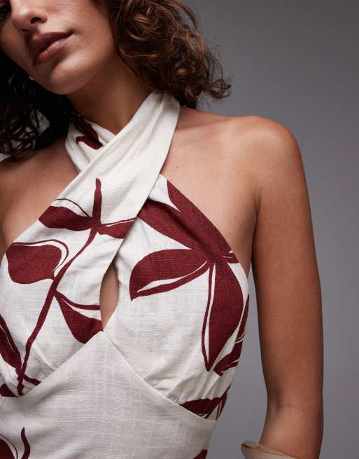 Topshop linen halter top in leaf print, 3 of 4