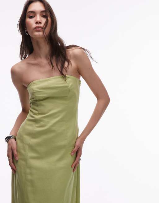 Topshop linen heavy seamed bandeau midi dress in pistachio green
