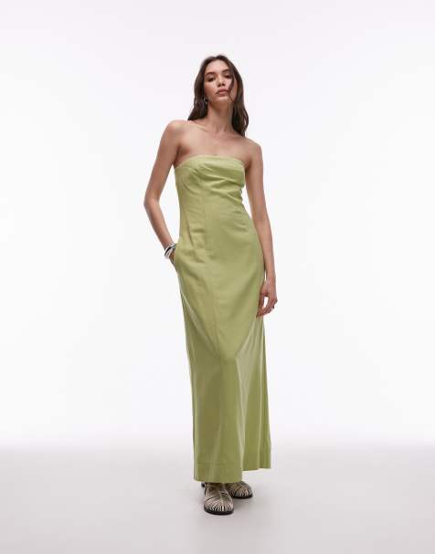 Topshop linen heavy seamed bandeau midi in Pistachio green - view 1
