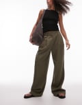 [Topshop] Topshop linen high waist double pleat pants in khaki-Black 16 khaki