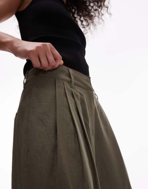 Topshop linen high waist double pleat pants in khaki, 2 of 5