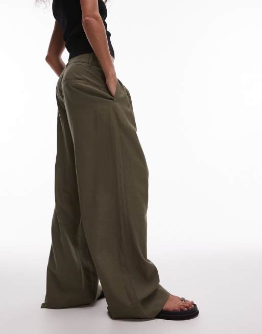 Topshop linen high waist double pleat pants in khaki, 3 of 5