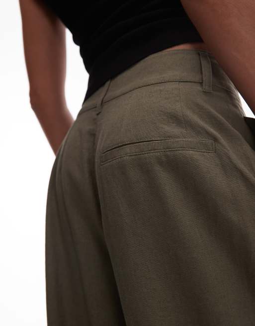 Topshop linen high waist double pleat pants in khaki, 4 of 5