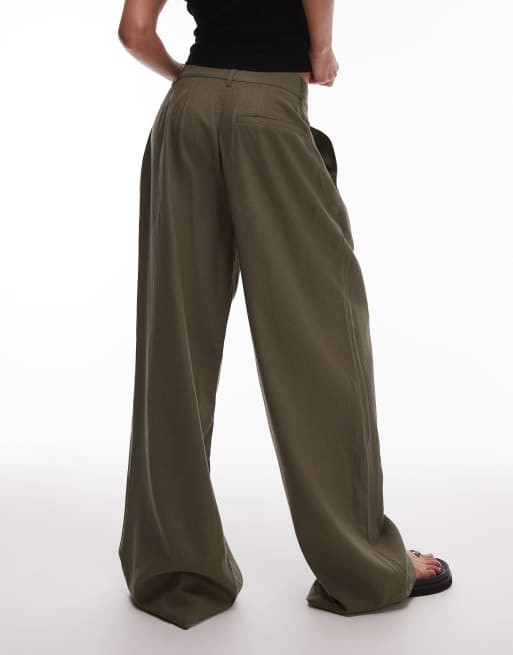 Topshop linen high waist double pleat pants in khaki, 5 of 5