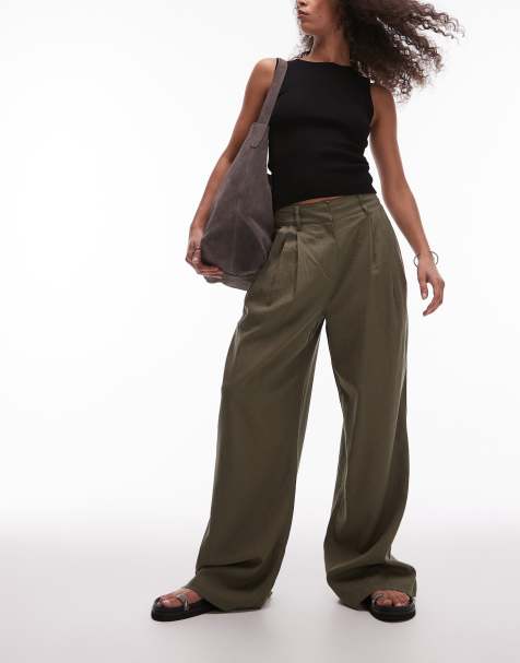 Topshop linen high waist double pleat trouser in khaki