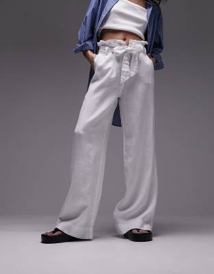 TOPSHOP LINEN HIGH WAIST PAPERBAG WIDE LEG PANTS IN WHITE