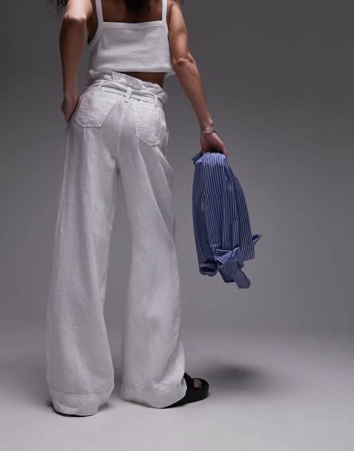 Topshop linen high waist paperbag wide leg pants in white