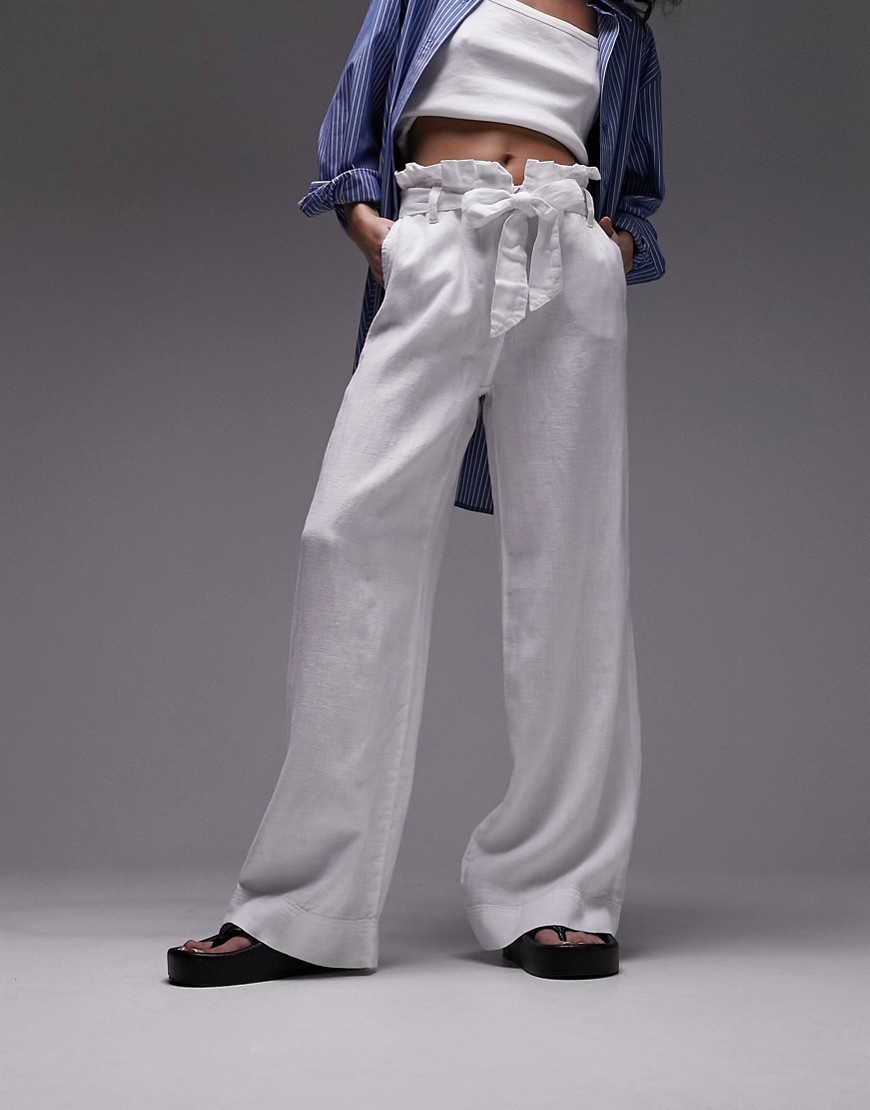 Topshop linen high waist paperbag wide leg trouser in white