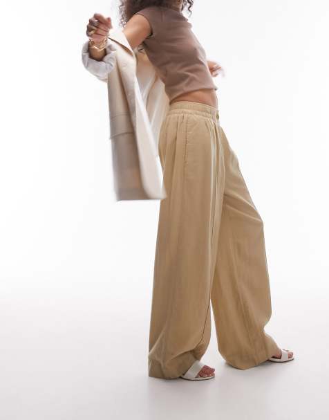 Topshop linen high waist pull on straight leg pants in sand - view 1