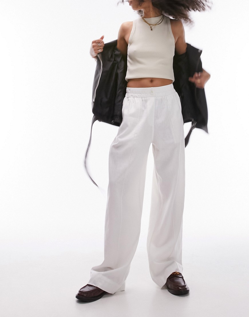 Topshop linen high waist pull on straight leg trouser in white