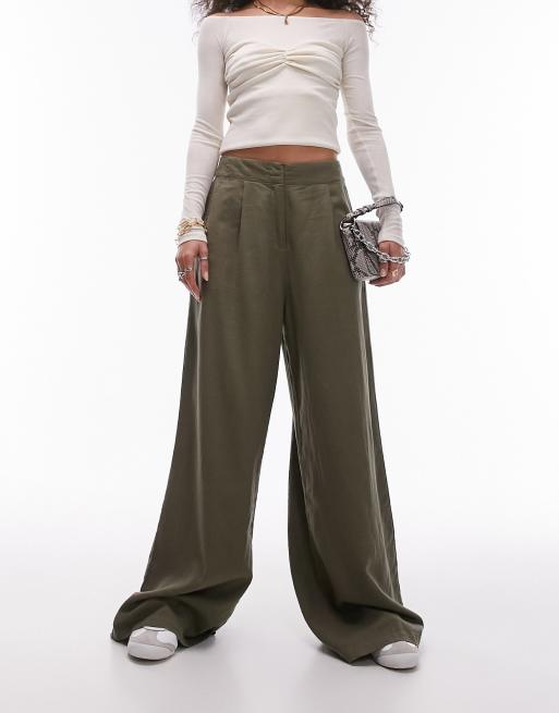 Topshop linen high waist super wide leg pants in khaki