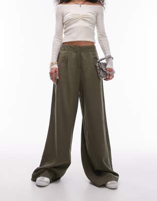 Topshop linen high waist super wide leg trouser in khaki-Green