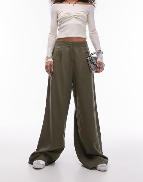 Topshop linen high waist super wide leg trouser in khaki - view 1