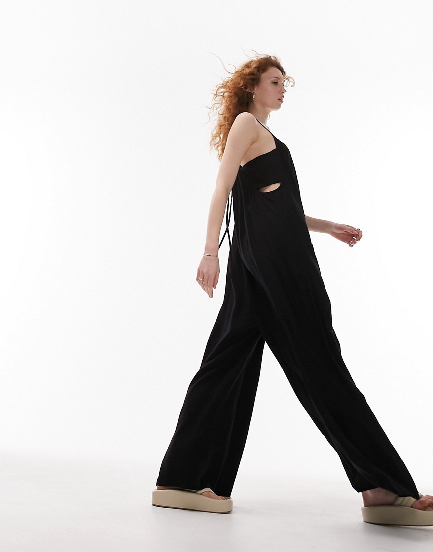 linen jumpsuit with pockets in black