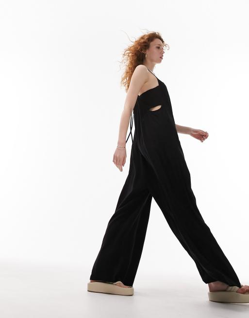 Topshop linen jumpsuit with pockets in black