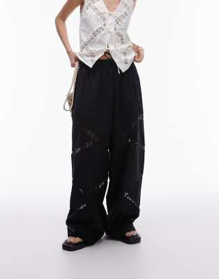 linen lace insert elasticated wide leg pants in black