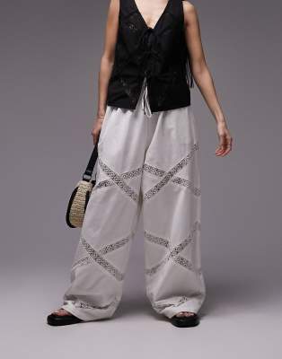 linen lace insert elasticated wide leg pants in white