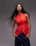 [Topshop] Topshop linen longline fitted waistcoat with pockets in red 16 red