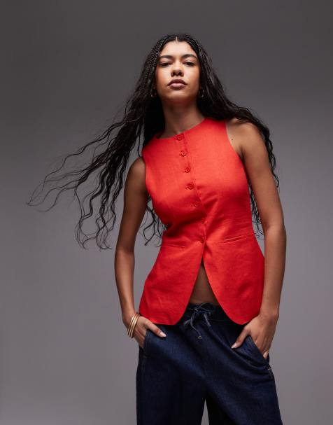 Topshop linen longline fitted waistcoat with pockets in red 