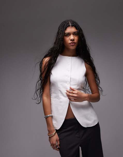 Topshop linen longline fitted waistcoat with pockets in white