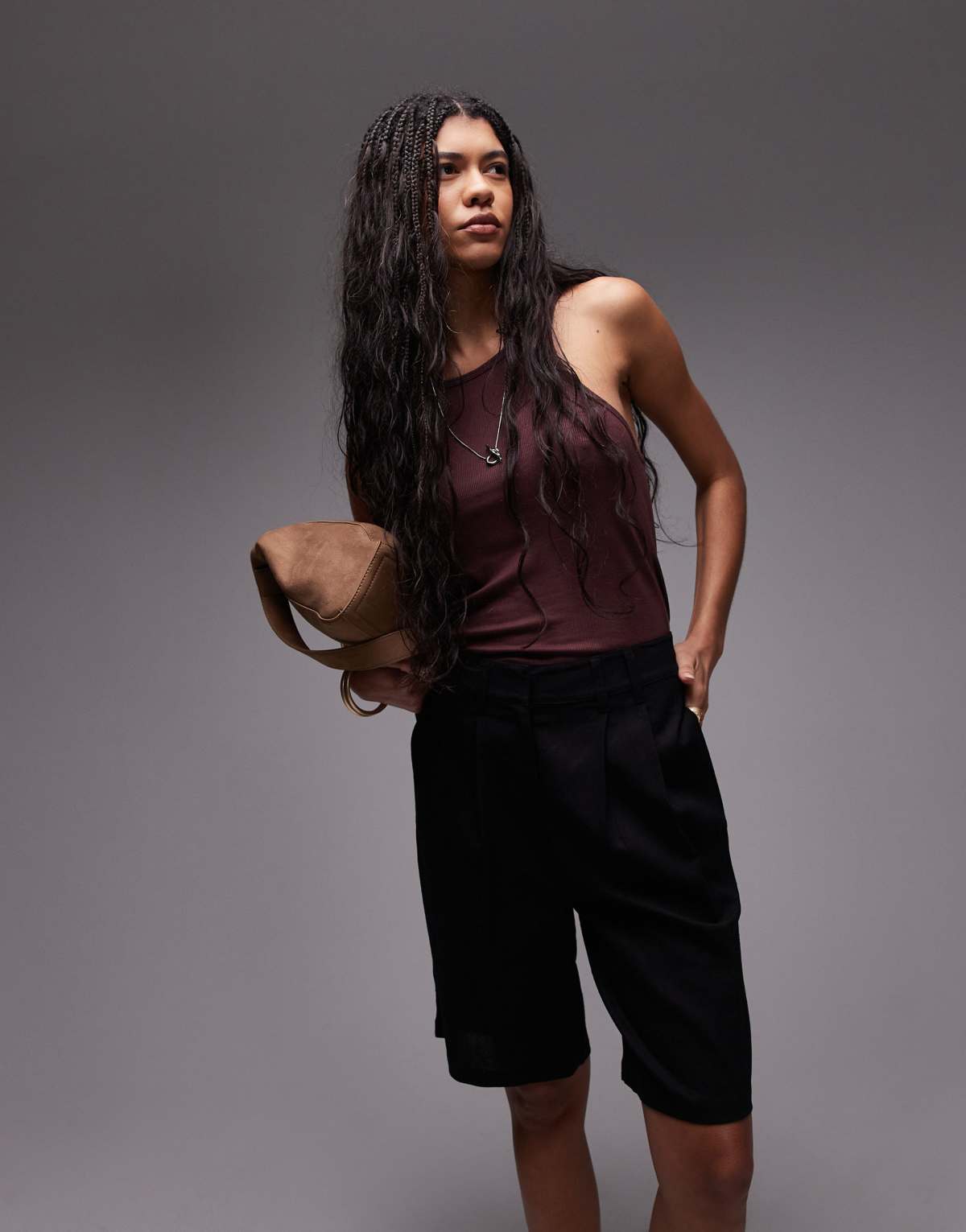 Topshop linen longline short in black