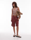 [Topshop] Topshop linen longline shorts in burgundy-Red 16 burgundy