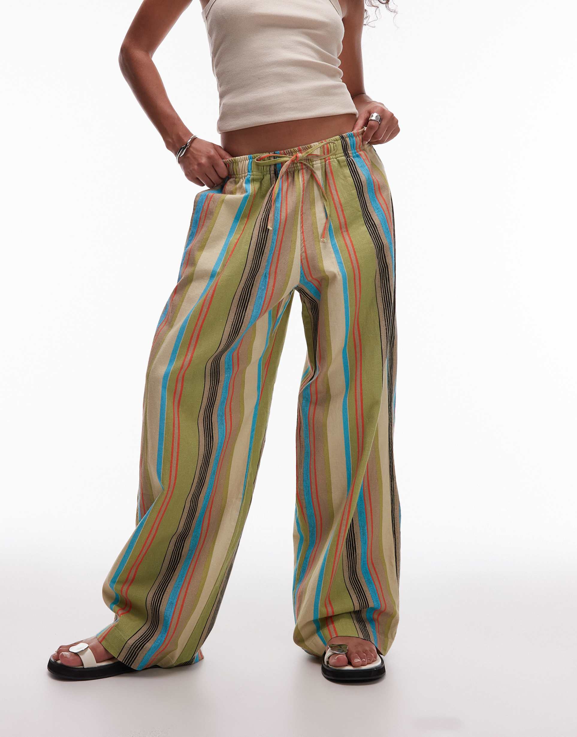 topshop linen look balloon pants in multi stripes