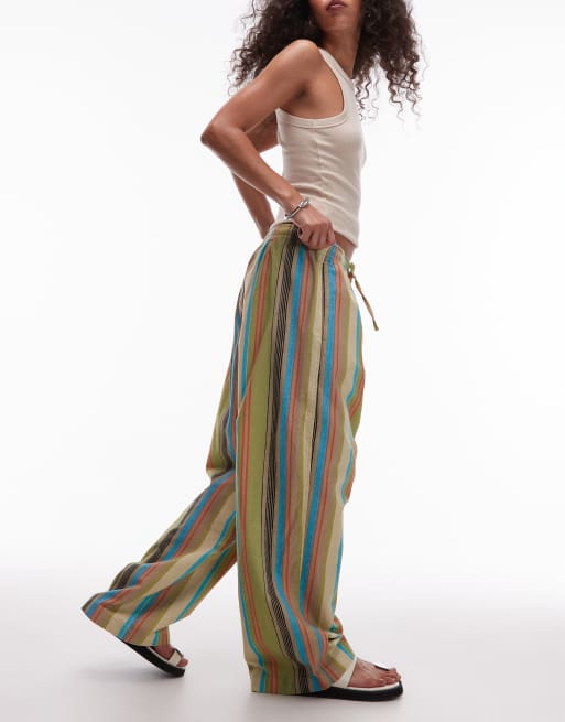 Topshop linen look balloon pants in multi stripes, 2 of 5
