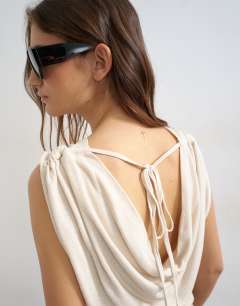 Linen look cowl ruched side top in cream