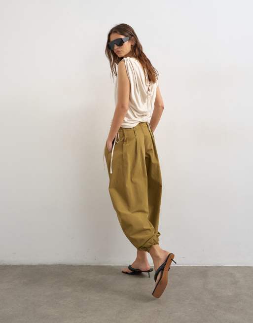 Topshop linen look cowl ruched side top in cream, 3 of 4