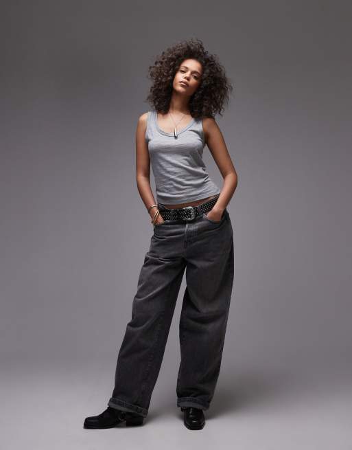 Topshop linen look scoop neck singlet in grey, 2 of 4