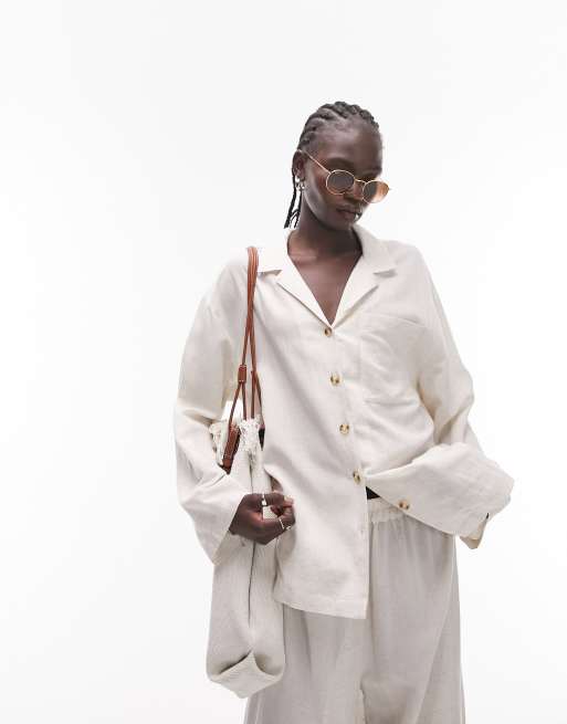 Topshop linen look shirt and trouser pyjama set in oatmeal, 2 of 4