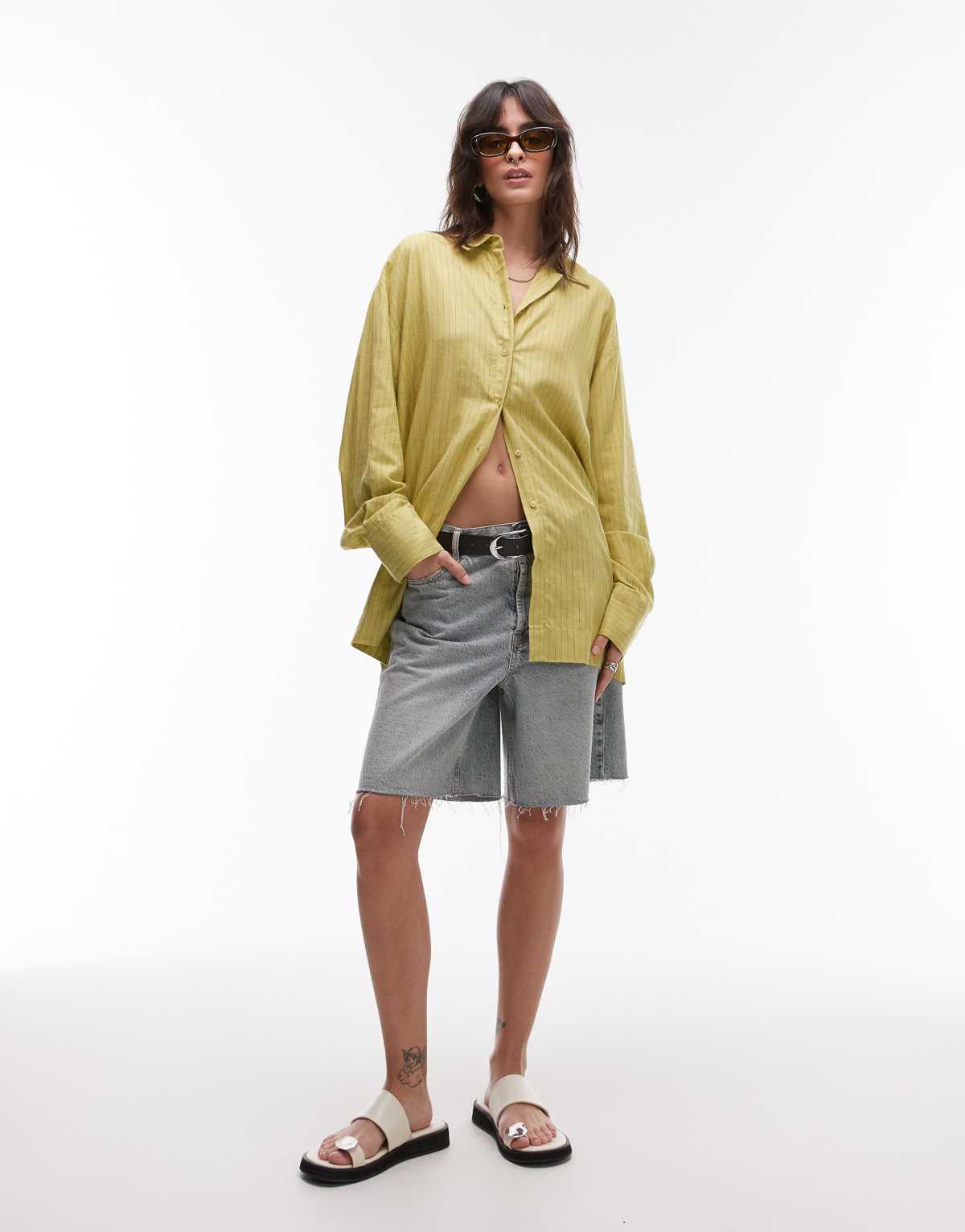 Topshop linen look shirt in green stripe