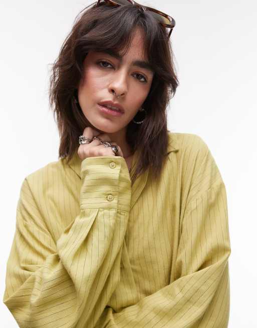 Topshop linen look shirt in green stripe, 3 of 4