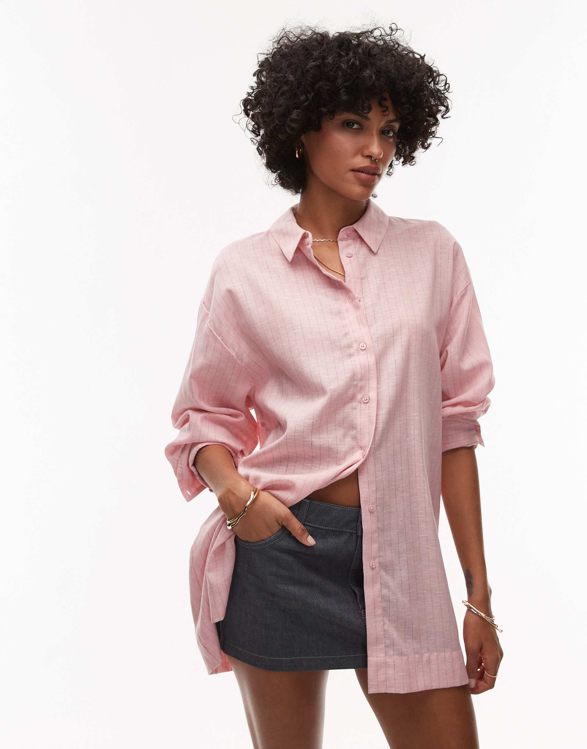 topshop linen look shirt in pink with blue pinstripe