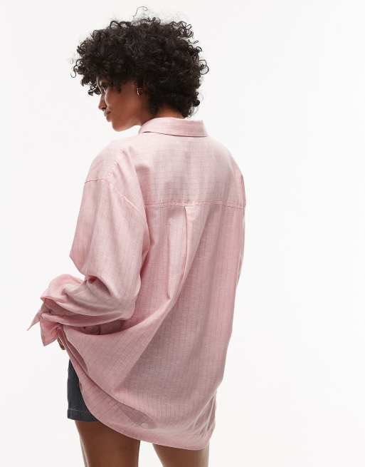 Topshop linen look shirt in pink with blue pinstripe, 2 of 4