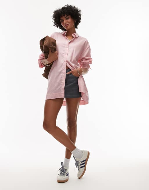 Topshop linen look shirt in pink with blue pinstripe, 4 of 4