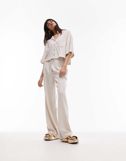 Topshop linen look wide leg relaxed trouser in neutral (part of a set)