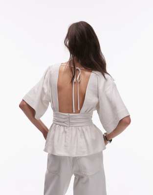 Topshop Linen Low Back Dropped Waist Top In White