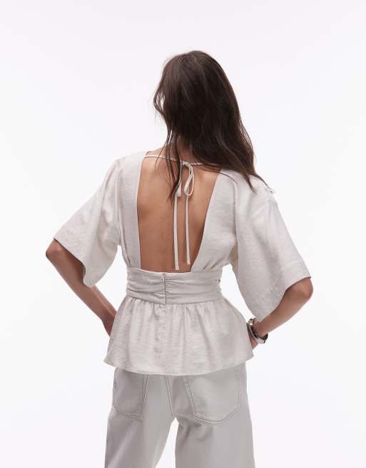 Topshop linen low back dropped waist top in natural