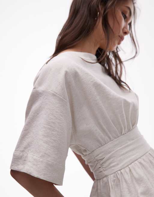 Topshop linen low back dropped waist top in natural