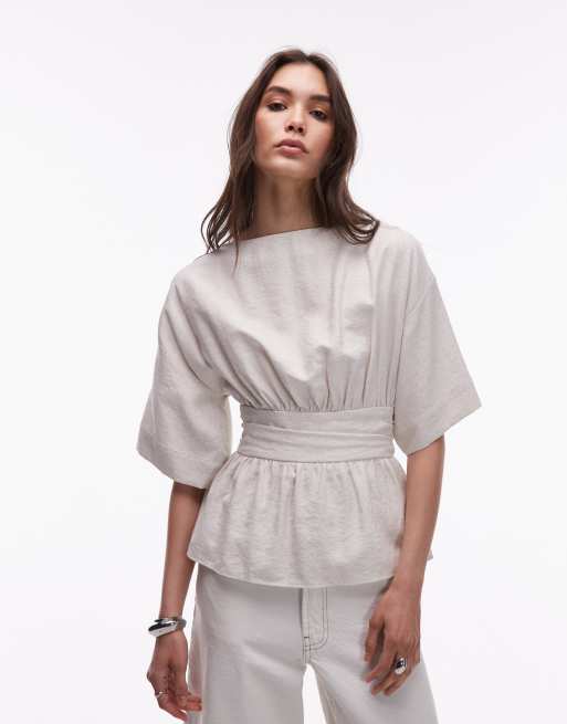 Topshop linen low back dropped waist top in natural