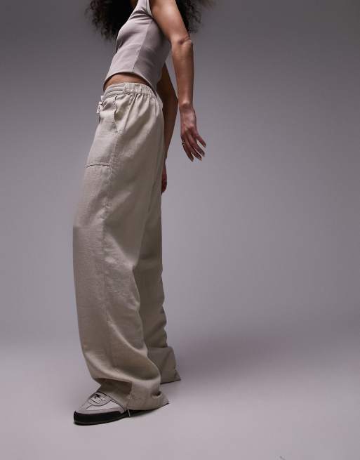 Topshop linen low rise draw cord waist straight leg pants in beige