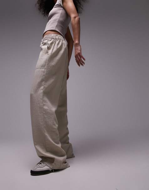 Topshop linen low rise draw cord waist straight leg trouser in beige - view 1