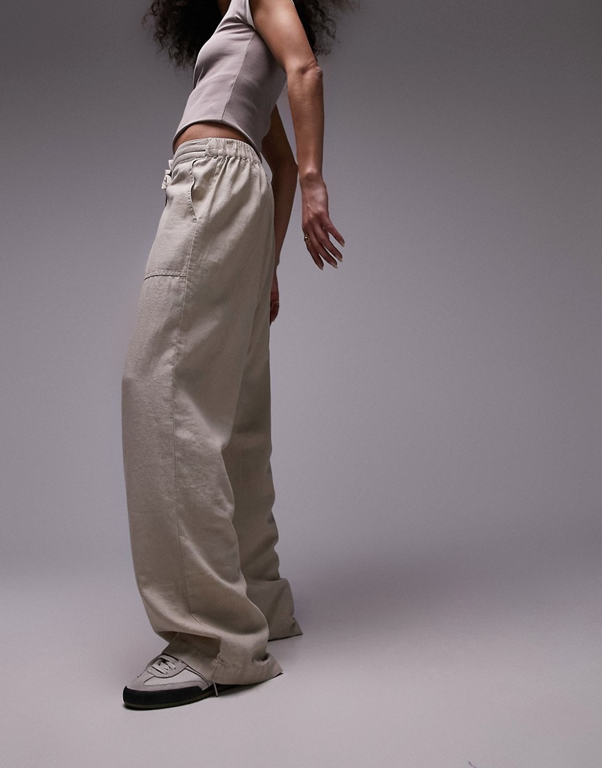 Topshop linen low rise draw cord waist straight leg trouser in beige-Neutral